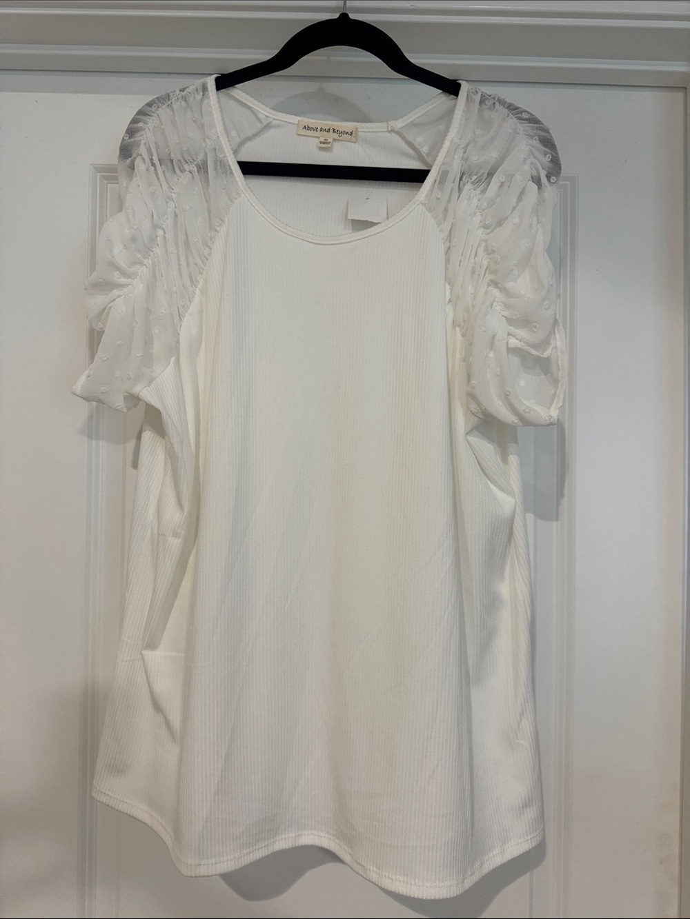 White Puff-Sleeve Ribbed Blouse